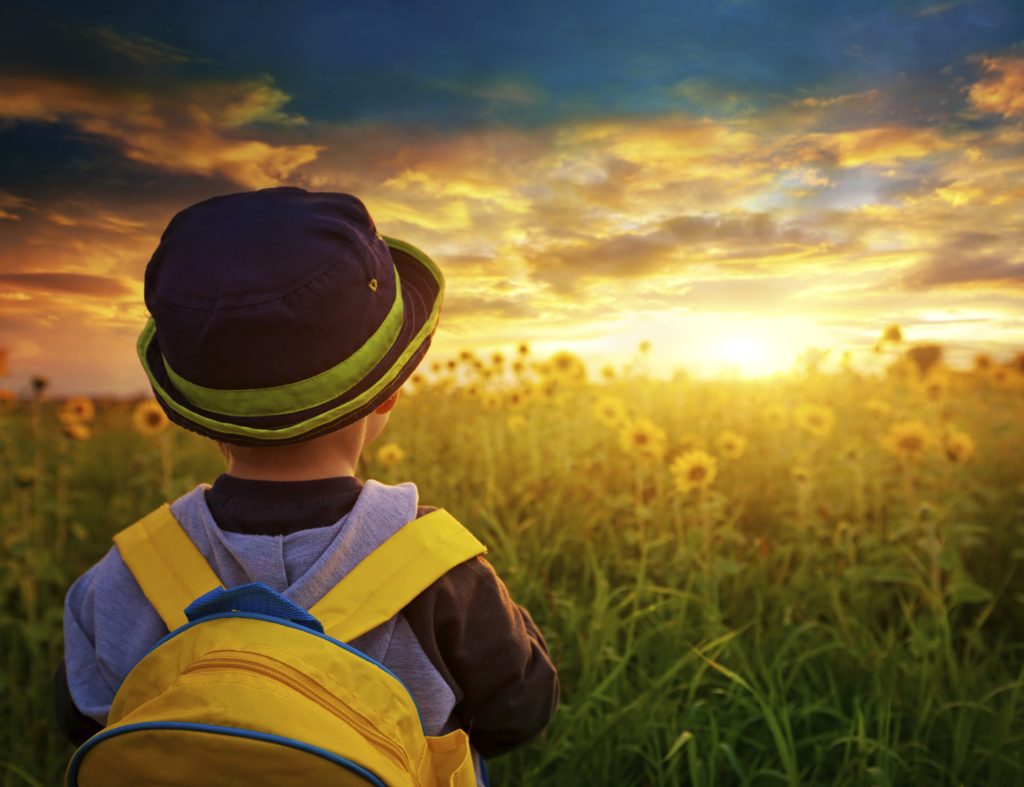 little boy with yellow backpack in the sunflower field looking at the sun